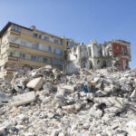 Turkey earthquake aerial view. Aerial view of collapsed buildings in Hatay