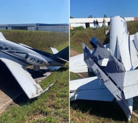 Jato sai da pista e colide contra barranco ao pousar em aeroporto de Jundiaí
